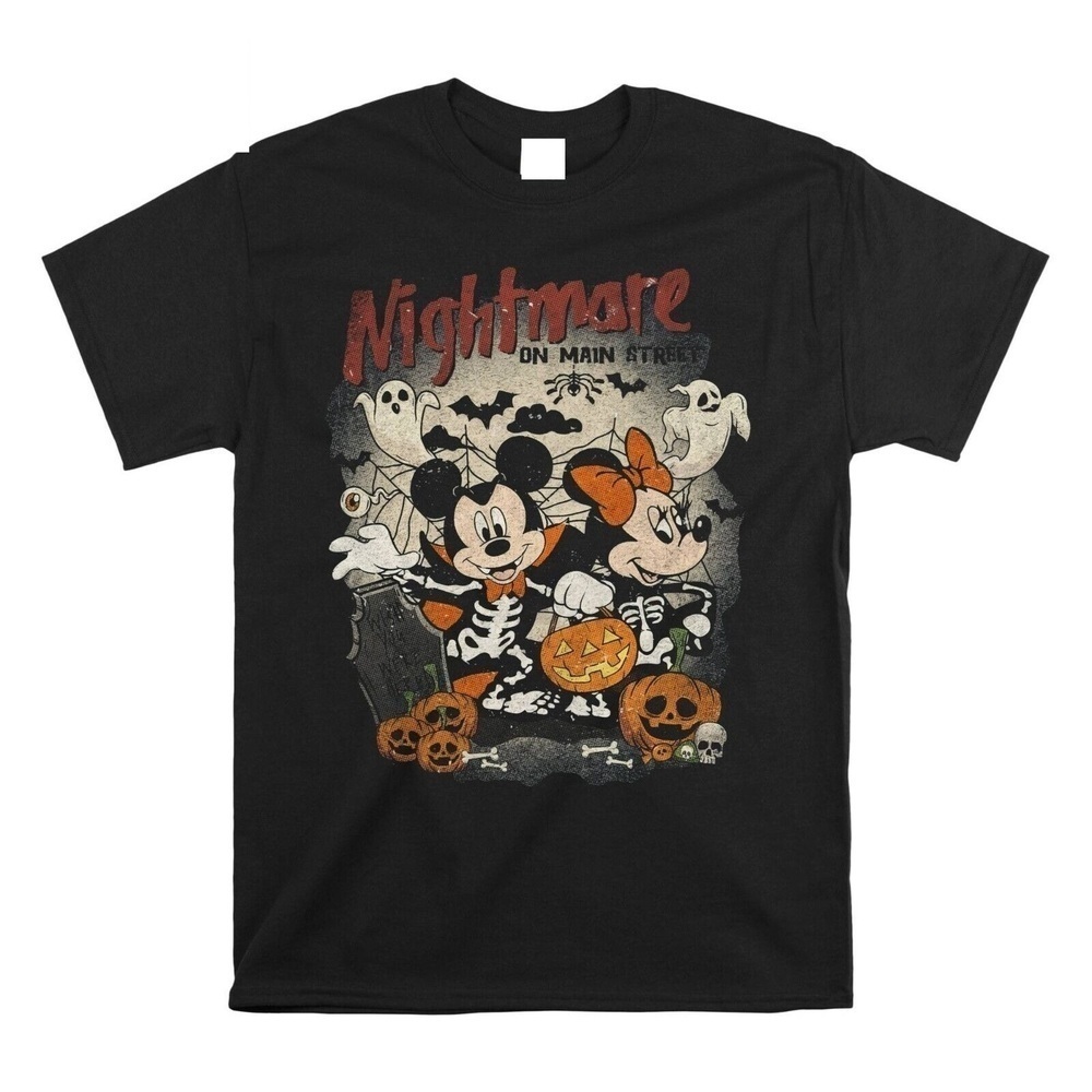 Retro Mickey Minnie Halloween Cartoon Graphic Unisex T-Shirt - Picture 1 of 4